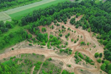 Dolambaçlı toprak yolları olan orman manzarası.