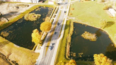 Hava çekimi, sonbahar manzarasında yol ağaçlarını gölgeliyor.