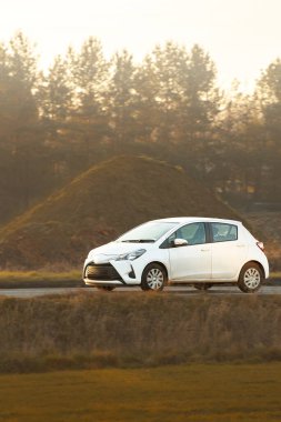 Modern beyaz Japon hatchback açık havada araba kullanıyor.