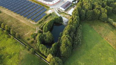 Sürdürülebilir su pompası deposu olan endüstriyel binanın havadan görüntüsü