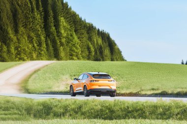 Kırsal Yol 'daki Modern Elektrik SUV Yeşilliklerle çevrili