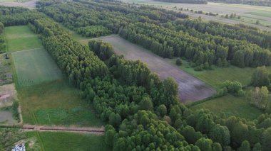 Gün batımında tarlaları ve ağaçları olan bir kırsal bölge.