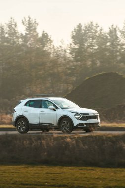 Manzaralı kırsal yolda giden bir SUV.