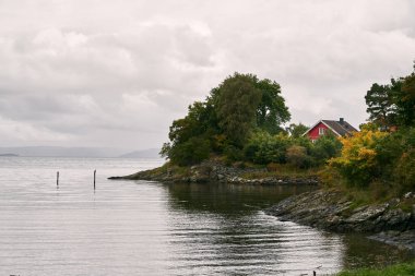 Norveç 'te fiyordun yanındaki Idyllic kırmızı kulübe