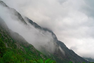 Sisli dağ manzarası ve aşağıdaki deniz koyuyla