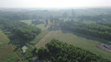 Sisli bir sabahta tarlaların ve ormanların havası.