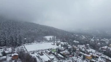 Kış kırları sisli gökyüzü ve karlı manzarayla