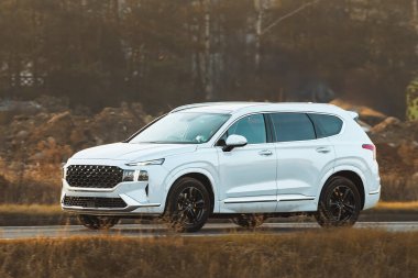 Akşam karanlığında kırsalda pahalı bir araba.