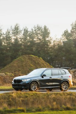 Asfalt yoldaki araba sonbahar yapraklarıyla çevrili.