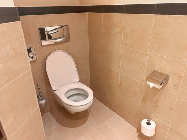 Temiz, fayanslı bir tuvalette duvara asılmış tuvalet.