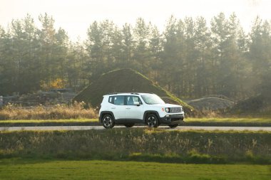 Gün batımında ormanda gezinen bir araç.