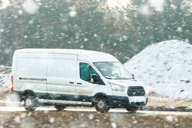 Kargo kamyonu karların ve ağaçların yanından geçiyor.