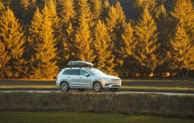 Modern SUV doğa manzarasına park edilmiş.