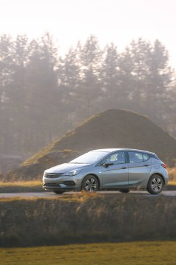 Hatchback arabası manzarada geziniyor.