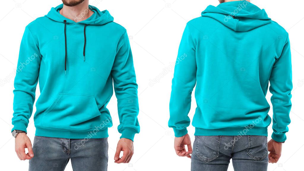 Cyan sweatshirt on isolated man, design template