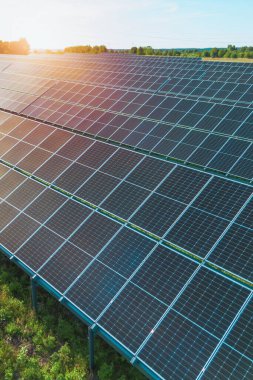 Güneşli bir günde yenilenebilir enerji üreten güneş panelleri