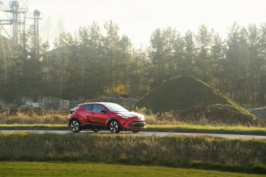 Gün batımında ormanda gezinen bir araç.