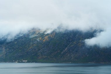 Dağların tepelerinden süzülen sisli vahşi doğa manzarası