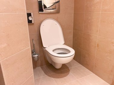 Modern duvara monte edilmiş tuvaleti olan temiz bir banyo.