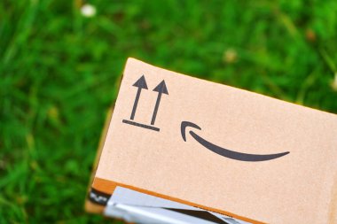 Çimenli arka planda Amazon Kahverengi Kutusu, teslimat simgesi Polonya, Avrupa 29.11.2024