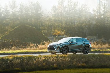 Güneş ışığında kırsal bir yolda SUV