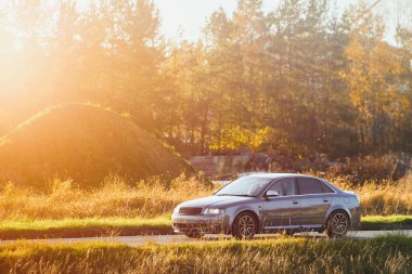 Çimenli arazide modern araba sürüyor.