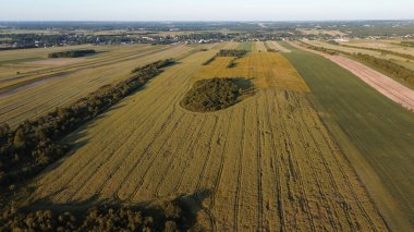 Renkli kırsal bir arazinin havadan görünüşü, tarlaların geometrik desenler oluşturduğunu gösteriyor.
