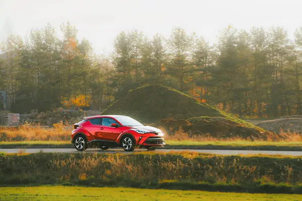 Manzaralı kırsal yolda elektrikli araba.