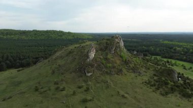 Dağ yolu yeşil arazide dönüyor.