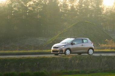 Manzaralı yoldan hızla geçen spor araba.