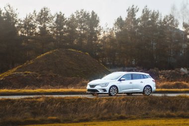 Aile aracı yeşil kırlarda seyahat ediyor.