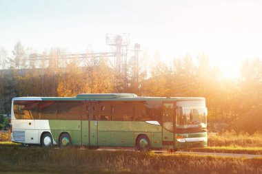 Orman yakınlarında seyahat eden şehirlerarası otobüs.