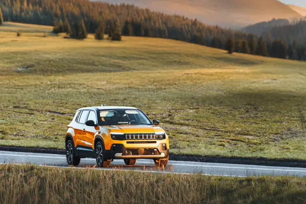 Boş köy yolunda elektrikli araba.