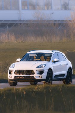 Çağdaş SUV yeşil kırsaldan geçiyor.