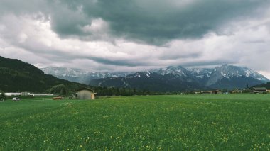 Karlı tepeler ve yeşil açık çayır manzarası