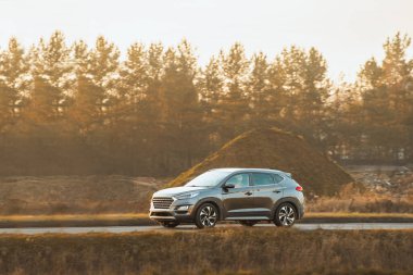 Manzaralı kırsal yolda giden bir SUV.