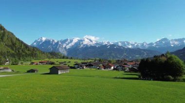 Dağ manzaralı ve mavi gökyüzü olan çiçek açan çayır.