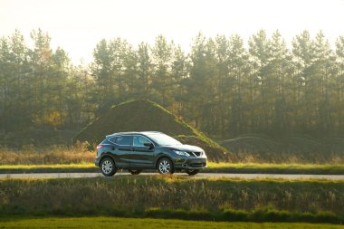 Doğal ortamda giden zarif bir araba.