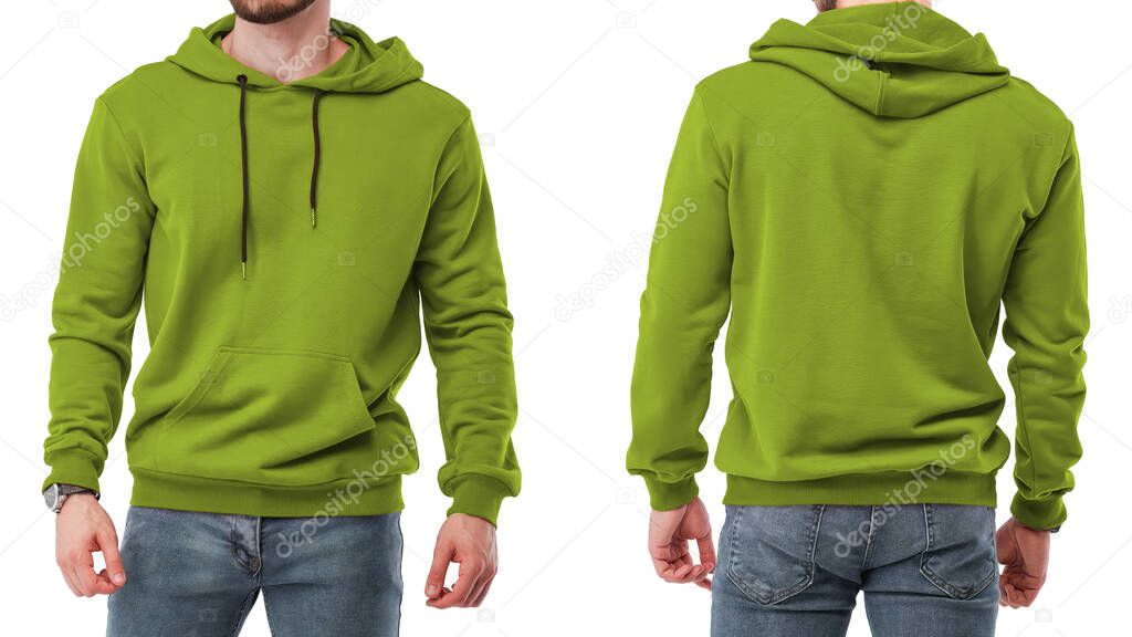 Isolated man in olive sweatshirt, blank design space