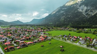 Yeşil manzaralı köyün üzerinde kar kaplı Alpler