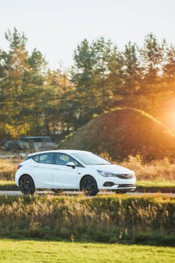 Doğayla çevrili küçük hibrit araba yolda.