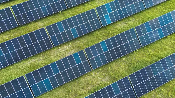 Güneş panellerinin sıraları yeşil alanda güneş ışığını yakalıyor