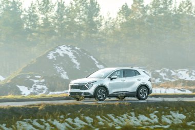 Çağdaş arazi aracı yeşil alana yakın sürüyor.