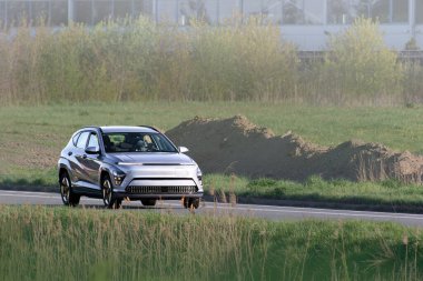 Elektrikli araba sürücüsü açık alanda geziniyor.
