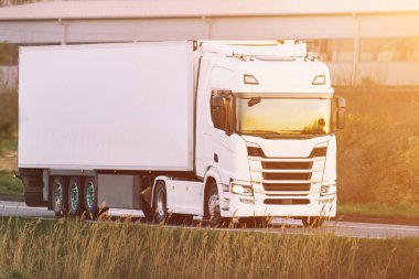 Asfalt yolda büyük beyaz nakliye kamyonu