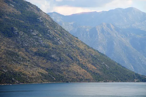 Bereketli bitki örtüsü ve körfezi olan puslu dağ manzarası