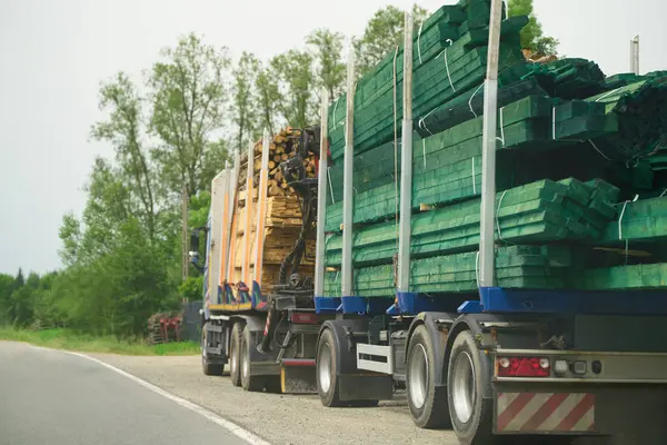 Kereste taşıyan kamyonlarla kırsal yol sahnesi