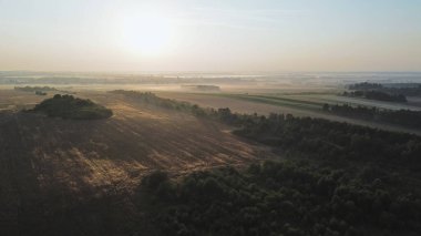 Sisle kaplanmış renkli sonbahar ormanlarının havadan görünüşü