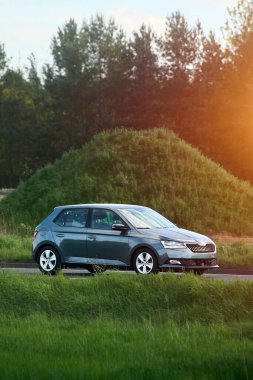 Köy yolunda park halindeki ekonomik araba.