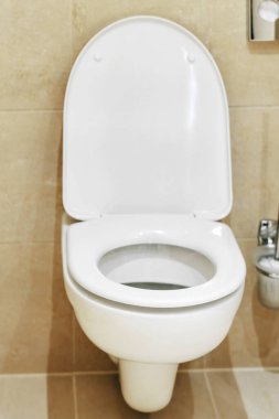 Duvara monte edilmiş tuvaleti olan minimalist fayanslı banyo.